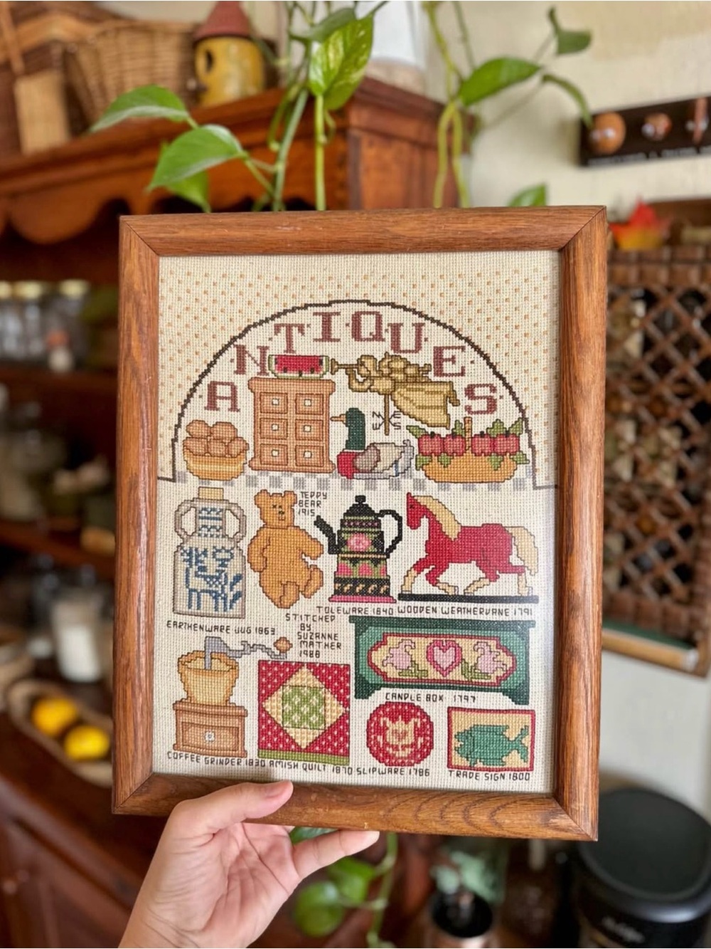 Vintage Framed Cross Stitch Wall Art - Red, Brown